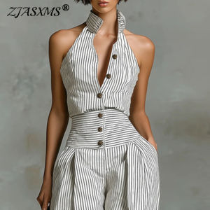 Office Lady Elegant Button Down Jumpsuit Spring Striped Print High Waist Woman Romper Elegant Sleeveless Wide Leg Pants Overalls2026