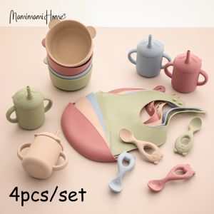 Mamimami Home Baby Meal Feeding 4pcs/set Silicone Suction BowlsStraw Sippy CupBibSpoon Toddler Self-feeding Tools