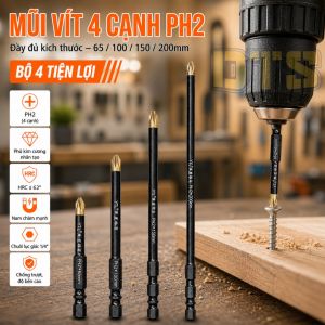 Mũi vít 4 cạnh PH2 65/100/150/200mm YTL - Từ tính mạnh độ cứng 62HRC chuôi lục giác 1/4 phủ kim cương chống trượt
