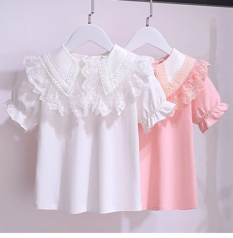 110-160cm Girls Short Sleeve Lace Blouse Flounce Sleeve Solid