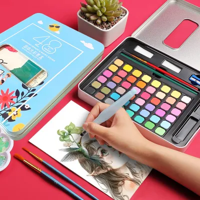 Hộp 48 Màu Nước Dạng Viên Nén Kèm Giấy Vẽ Và Phụ Kiện Bộ Màu Nước Water Color Màu Sắc Tươi Sáng Phù Hợp Làma Quà Tặng TIDO TI DO
