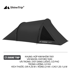 Lều Cắm Trại Đường Hầm ShineTrip – Lều Dã Ngoại Nhẹ Chứa Xe Máy Khung Nhôm 7001 Vải Oxford 150D