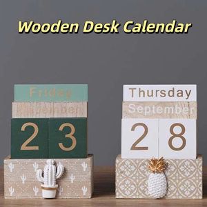 BLISSFUL Pineapple Wooden Perpetual Calendar Aesthetic Cactus Date Display Ornament Creative Home Decoration Desk Calendar Ornament Office
