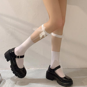 Amandad Stores ถุงเท้าใสสำหรับผู้หญิง, ประดับโบว์, ถุงเท้ายาวถึงน่องสีขาวบางเฉียบ JK, ถุงเท้าลูกไม้โลลิต้า