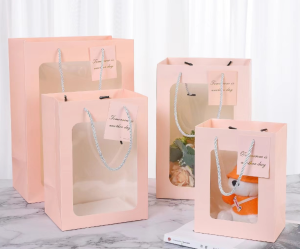 ถุงกระดาษ ถุงใส่ของขวัญ ถุงบรรจุภัณฑ์ หน้าใส+มีป้าย ขนาดเล็ก