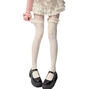 Phụ nữ Nhật Bản Fishnet Quần tất cao đến đùi vớ ngọt ngào khoét rỗng ren hoa xếp nếp trên tất qua đầu gối với trang trí Xếp Nếp