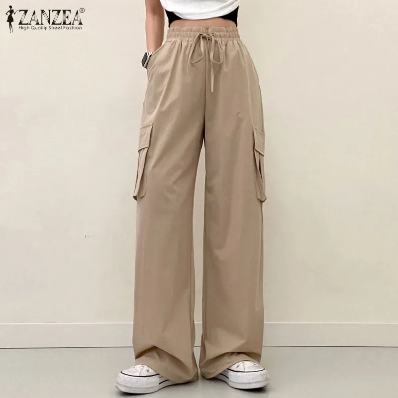 ZANZEA Korean Style Women Fashion Cargo Long Pants Elastic High