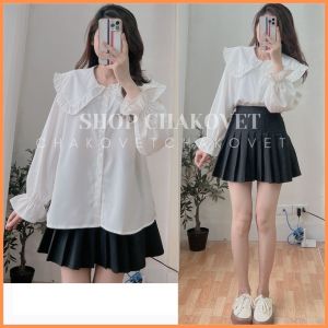 Áo sơ mi nữ tay phồng cổ tròn A.8203 kiểu sơ mi trắng dài tay thiết kế cổ bèo cá tính đẹp sang chảnh dưới 55kg