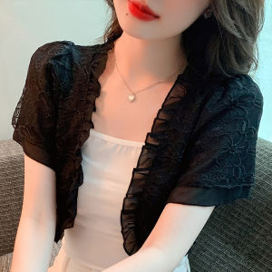 Impression Fashion Korean Floral Chiffon Joint Lace Short Sleeve Short Sun-protective Shawl Cardigan
