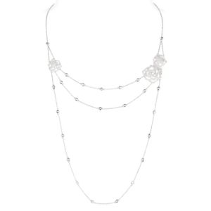 Bellux 925 Silver Multi-Layer Long Necklace Synthetic Zirconia Camellia Design Elegant White Handmade Sweater Chain