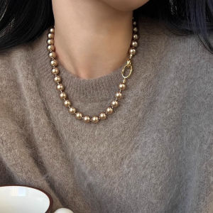 Merad Mocha Golden Brown Coffee Pearl French Necklace High-End Light Luxury Sweater Chain