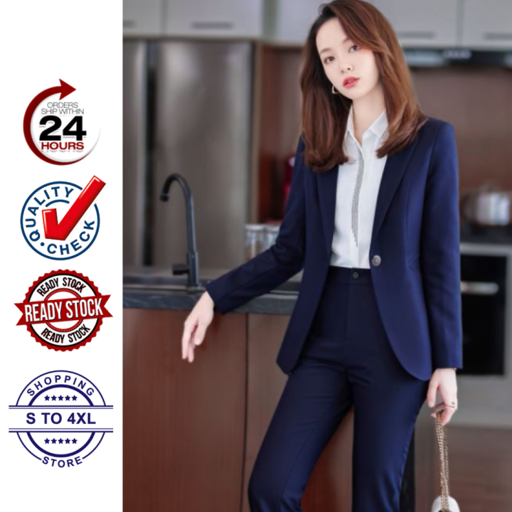 Girl 6 Women Fashion Casual Clothes Long Sleeve Blazer High Waist Suit  Pencil Pants Women Womens (Office-A-Blue, XXL)