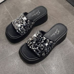 [Free Shipping] High-End Thick-Soled Sandals Half-Slipper Style For Women Perfect For Summer Wear Featuring Delicate Sequins And A Platform Sole WomenS One-Strap Sandals