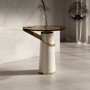 Bàn góc sofa cao cấp bàn phụ nhập khẩu cafe GOLD BRUSH CURVED FORM chân thép bọc da kính cường lực