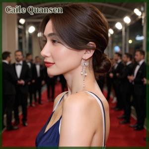 Caile 1 Pair Dangle Earrings Bowknot Shape Shining Lady Earrings Heart Imitation Tassel Jewelry Accessory