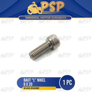 Baut L Nikel 8x20 (Harga 1 PC) - Pitch Bolt Baud 12 Kunci L 6 Drat 8 mm x Panjang 20 mm Ulir Kanan