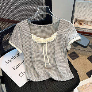 AMMIN 2025 Summer New Sweet Bow Lace Square Collar Short Sleeve Cotton T-shirt Womens Korean Style Loose Plaid Casual Elegant Blouse