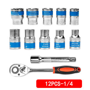 J.LD 12PCS 1/4 / 1/2 Inch CRV Ratchet Socket Wrench Set Socket Kits Mechanic Spanner Repair Tool