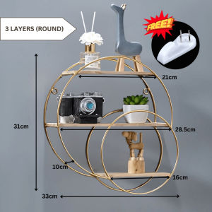 Ready Stock 2~3 Layer Wall Shelf Wooden Rack Heavy Duty Book Shelf No Drill Floating Round Gaya Nordic Modern Rak Penyimpanan Besi Hiasan Rumah Tanpa Tebuk Minimalis Loket Dinding Ruang Tamu Rumah Bilik Tidur Organizer Storage Decoration Golden Stable