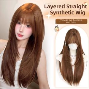 JON09 Hairstyle Long Straight Layered Wig 24 Inch Heat-Resistant Synthetic Wigs with Bangs Stylish Smooth Hair Dark Orange Cosplay Wig for Women