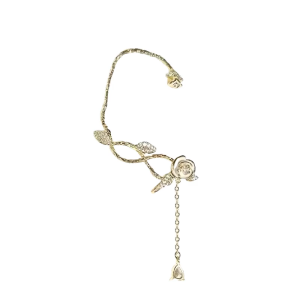 Stylish Tassels Ear Cuff Camellia Flower Clip on Earring with Sparkling Zircon Fashionable Accessories for Women Girls