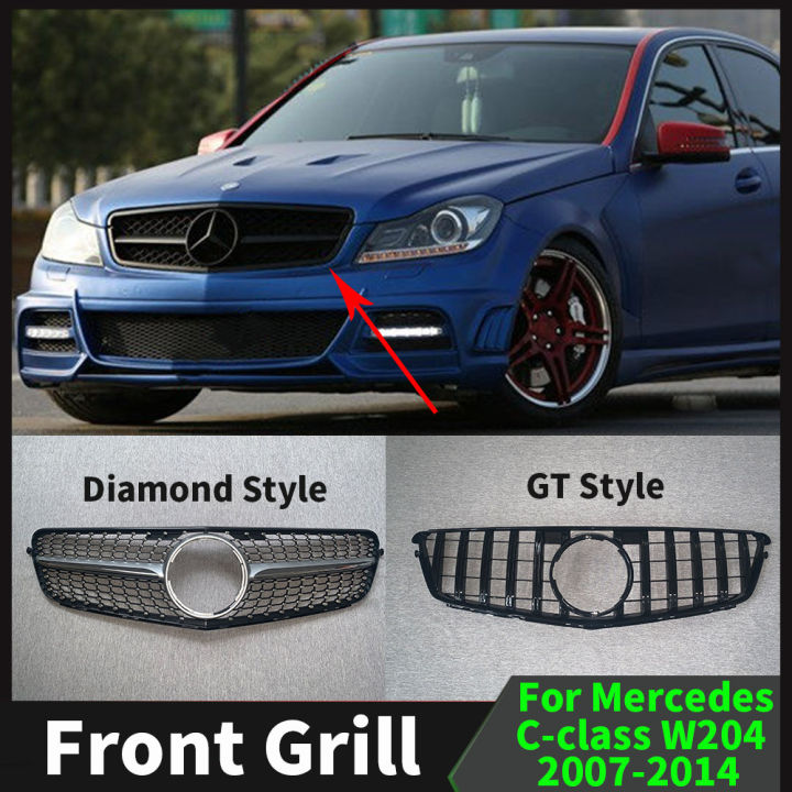 KARPAL Diamond Grille Front Bumper Grill – For W204 C-Class 2008-2014 C180 C200 C250 – Silver – No Camera Hole
