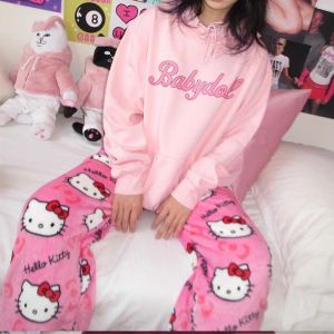 GLOWLITE การ์ตูนลายการ์ตูน กางเกงชุดนอนแมวคิตตี้ อะนิเมะ เสื้อผ้าในบ้าน กางเกงผ้ายืด น่ารักน่ารักๆ ฤดูหนาวในฤดูหนาว กางเกงขนแกะ สำหรับผู้หญิง