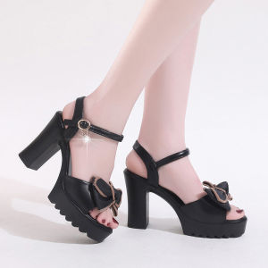 [Free Shipping] Soft Leather High-Heeled Sandals For Women With Chunky Heels Waterproof Platform Bow Decoration Ankle Strap Summer Height-Increasing Lightweight And Comfortable WomenS Shoes