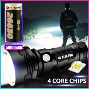 COD Cepat Senter LED USB Rechargeable P70 50W 1000 Lumens Termasuk Baterai 26650 XLMP70 / Senter Super Terang Tahan Air Tahan Lama camping survival Penerangan Mendaki Paket Lengkap - BLACK