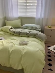 Japanese Style Simple Solid Color Four-Piece Washed Cotton Bedding Set Color Block ins Wind Quilt Cover Bed Sheet Dormitory Three-Piece Set LZD