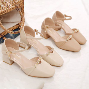 รองเท้าแตะผู้หญิงหัวแหลมเรียบหรู รองเท้ากลวง ส้นหนา รองเท้าส้นสูงสไตล์นางฟ้าอเนกประสงค์ ราคาส่ง