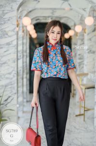 SG789 เซท 2 ชิ้น เสื้อคอจีน แขนสั้น แต่งกระดุมจีน ซิปหลัง สวมใส่ง่าย คู่กับกางเกงขายาว ทรงกระบอก