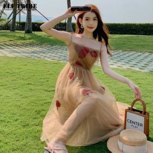 ELF TRIBE French Vintage One Shoulder Halter Floral Dresses Mesh Vacation Beach Dress for Women