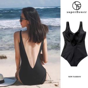 SUPERFLOWER Womens Simple and Stylish V-shaped Back Backless Black One Piece Swimwear with Chest Padding for Vacation Beach Swimming