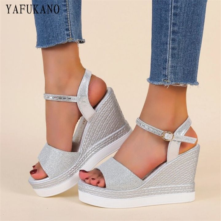 Glitter Ankle Strap Wedge Sandals Silver Party Wedding Shoes Fashion  Platform High Heels Open Toe Women Pumps Small Size 33