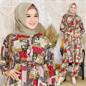Fya Shope - Stelan Baju Tunik & Celana Wanita Muslimah Blouse Lengan Panjang Fashionable Baju Mewah Elegant Baju Tunik Wanita Busui Set Bucin / Good Quality / Best Seller / Real Pict
