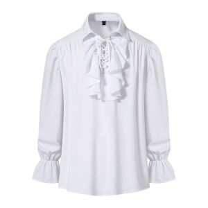 Men Renaissance Pirate Shirt Ruffle Lace‑Up Long Flare Sleeve Medieval Victorian Blouse for Cosplay Halloween Fancy Dress Party