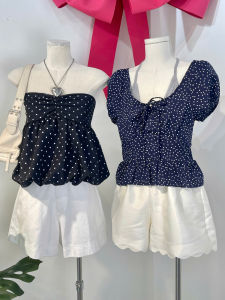QCCC Hình thật Áo xanh navy chấm bi phối thun xám cổ tròn phối yếm cột nơ tay ngắn bồng đuôi xoè bo chun lưng chất dày dặn hàng MAYZI TOP