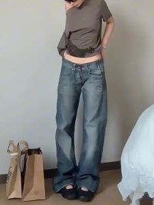 WomenS Low Rise Denim Pants Vintage Simple Y2K Baggy Wide Fit Jeans Harajuku Cowboy Streetwear Trousers (S-5XL)