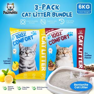 Pawthentic Bentonite Cat Litter Sand 3-Pack 2KG Each Odor Control Ultra Clumping 99.9% Dust Free Cat Sand for Kittens Adult Cats