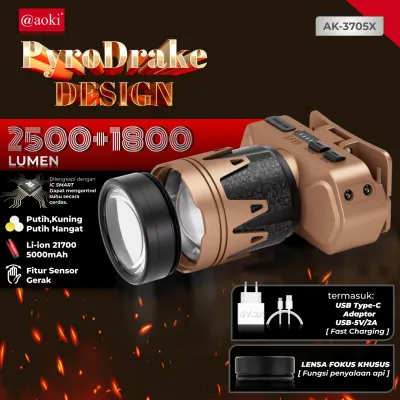 AOKI Senter Kepala PyroDrake | Bisa Menyulut Api | Sensor Gerak | 3 Warna Cahaya | USB Recharge 3705X 2500Lumen -SC