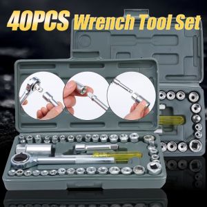 40 Pcs/Set Wrench Socket Metric Flexible Head Ratcheting Wrench Combination Wrench Socket Hand Tool Socket Wrench and Bit Set Auto Repair Hand Tool
