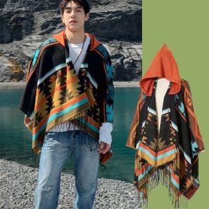 FWFHTP Họa tiết hình học Áo choàng poncho có mũ Tua rua Cashmere giả Áo khoác du lịch cỡ lớn Boho Kiểu dáng rộng rãi Áo choàng tua rua dân tộc Dành cho Nam Giới và Nữ Giới