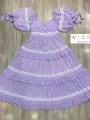 P007-033 PIMNADACLOSET - Short Puff Sleeves Embroidery Purple Chiffon  Dress. 