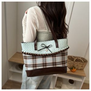 SHUBA Polka Dot Lace Plaid Tote Bag Mint Green Bowknot Patchwork Handbag Fashion Large Capacity Shoulder Bag Women