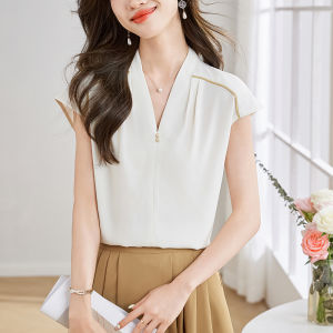 AMMIN เสื้อสวมหัวคอวีไข่มุกฝรั่งเศสสำหรับผู้หญิงเสื้อเบลาส์เสื้อแขนสั้นเย็บปะต่อกันคอมมินเสื้อชีฟองฉบับภาษาเกาหลีสีตัดกันฤดูร้อน2024