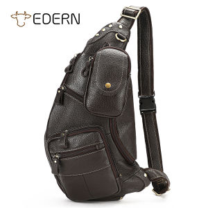 EDERN Crazy Horse Leather Mens Crossbody Bag Large Capacity Chest Bag Retro Genuine Leather Sling Bag Outdoor Tactical Shoulder Bag
