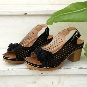 Plus Size Floral High-Heel Sandals For Women 2026 Summer New Fashion Chunky Heel Buckle Strap Sandals For Women