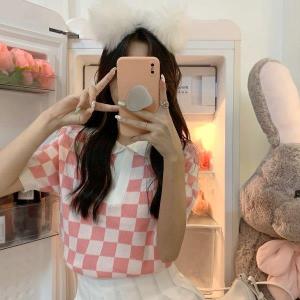 Rajut import 024 / Rajut Wanita / Atasan Blouse Motif Chests / Rajut Corak Catur Kotak Kotak / Crop Top / Atasan lengan pendek / Blouse rajut motif catur