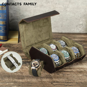 CONTACTS FAMILY 6 SlotS Cowhide Leather Watch Case Travel Watches Storage Holder Men Women Watch Display Collection